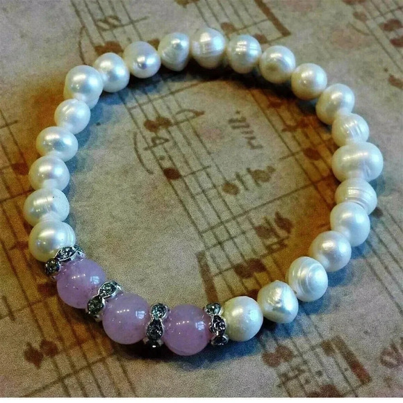 Handmade Cultured White Freshwater Pearls Pink Rose Quartz Stretch Bracelets - Picture 1 of 1